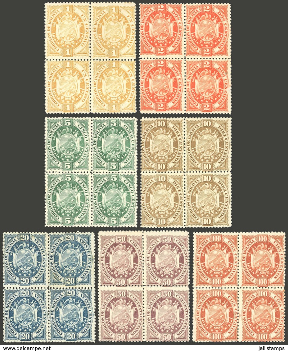 BOLIVIA: Sc.40/46, 1894 Coat Of Arms, Cmpl. Set Of 7 Values In Mint Blocks Of 4 (2 Stamps In Each Block Are MNH), - Bolivien