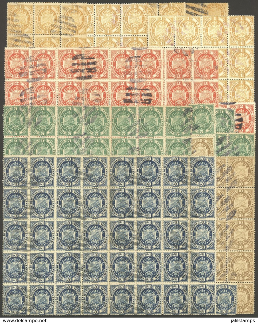 BOLIVIA: Sc.40/44, 1894 Coat Of Arms 1c. To 20c., Paris Printing (thick Paper), About 195 Stamps In Large Blocks - Bolivie