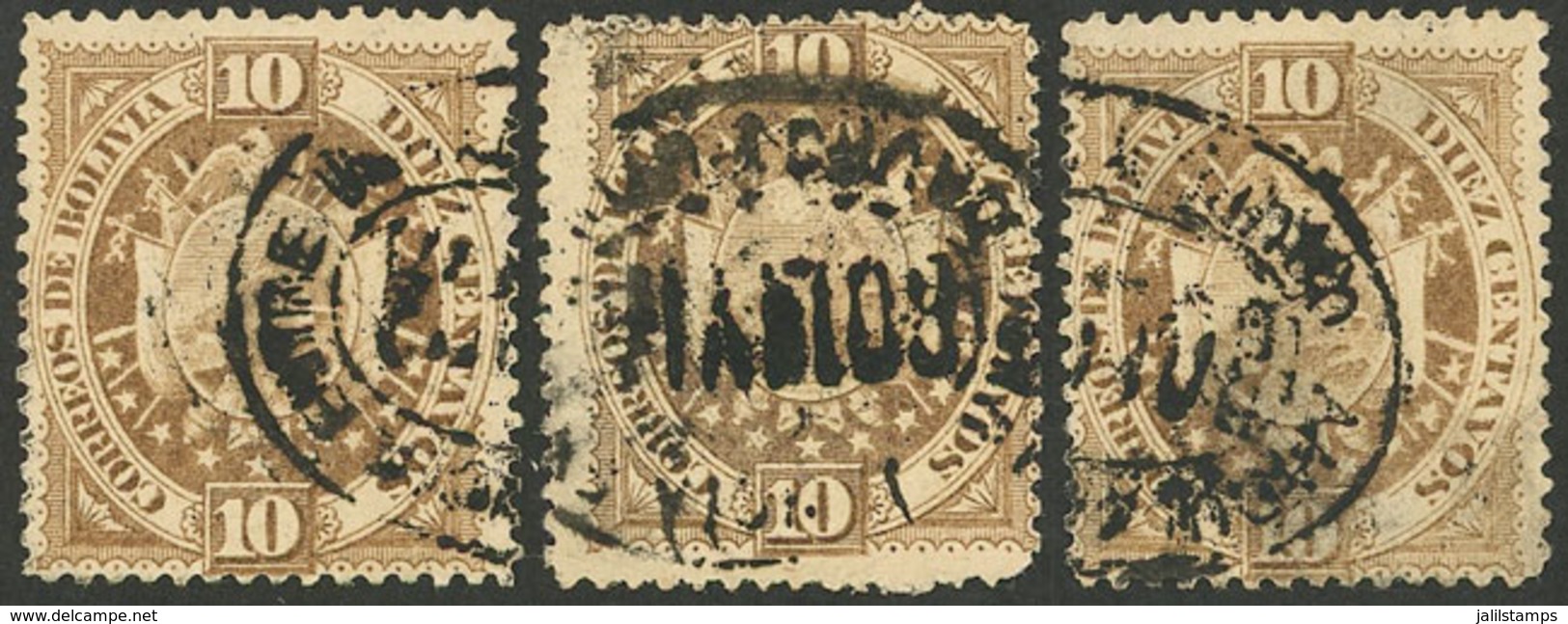 BOLIVIA: Sc.43, Thick Paper (Paris Printing), 3 Examples With Genuine Cancel "AMBULANCIA ENTRE ORURO Y UYUNI", Ex - Bolivie