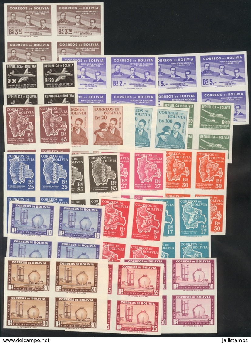 BOLIVIA: 18 Different Imperforate Blocks Of 4, Very Thematic: Oil Refinery, Airplane, Map, Economy Etc. All - Bolivie