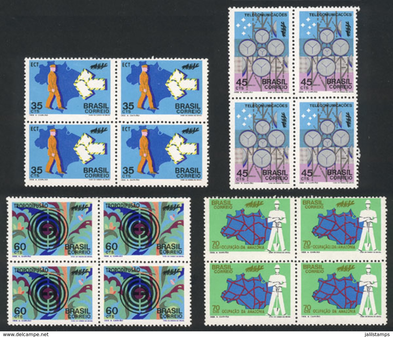 BRAZIL: Sc.1223/6, 1972 Communications And Map, Complete Set Of 4 Values In Blocks Of 4, VF Quality! - Sonstige & Ohne Zuordnung