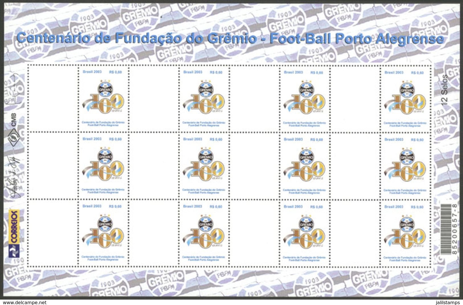 BRAZIL: RHM.C-2532, 2003 Centenary Of Gremio Football Club Of Porto Alegre, Complete Sheet Of 12 Stamps, Excelle - Sonstige & Ohne Zuordnung