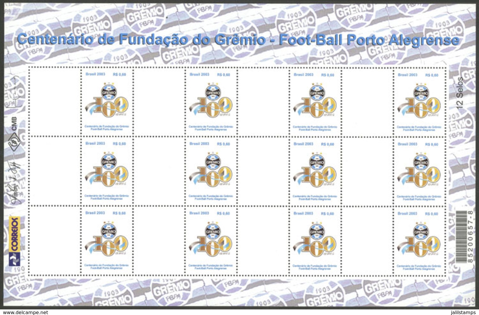 BRAZIL: RHM.C-2532, 2003 Centenary Of Gremio Football Club Of Porto Alegre, Complete Sheet Of 12 Stamps, Excelle - Altri & Non Classificati