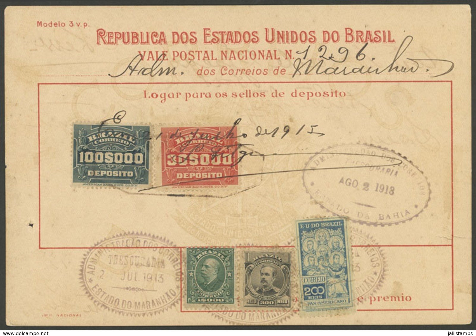 BRAZIL: Postal Money Order (Vale Postal Nacional) Used On 2/AU/1913, Franked With RHM.C-9 + Another Value, VF An - Autres & Non Classés