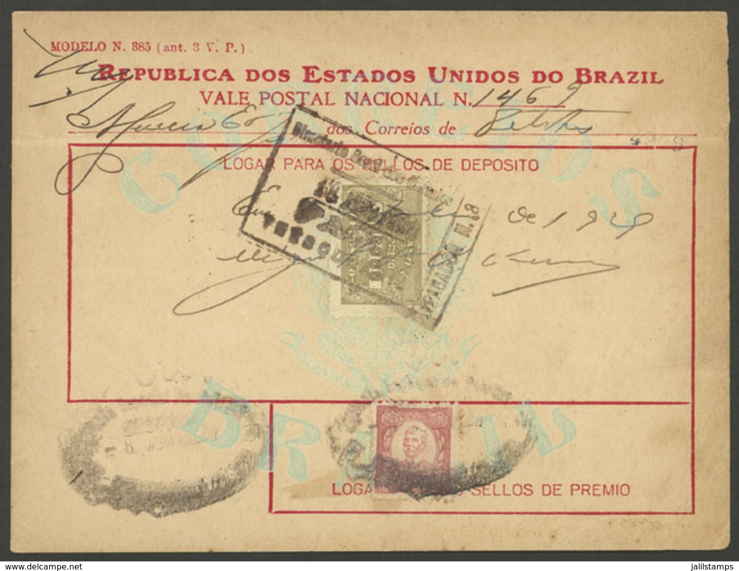 BRAZIL: Vale Postal Nacional (money Order) Of 50,000 Rs., Used On 18/JUN/1929, VF Quality. - Other & Unclassified