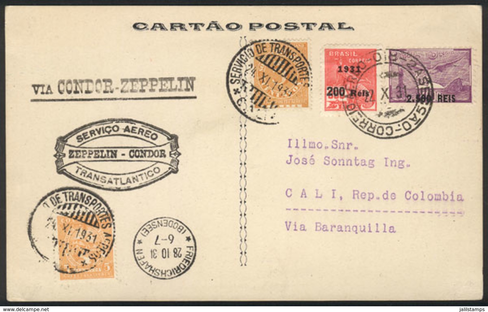 BRAZIL: Card With Mixed Postage Brazil-Colombia Sent From Rio To Colombia On 22/OC/1931 On Flight That Combined - Altri & Non Classificati