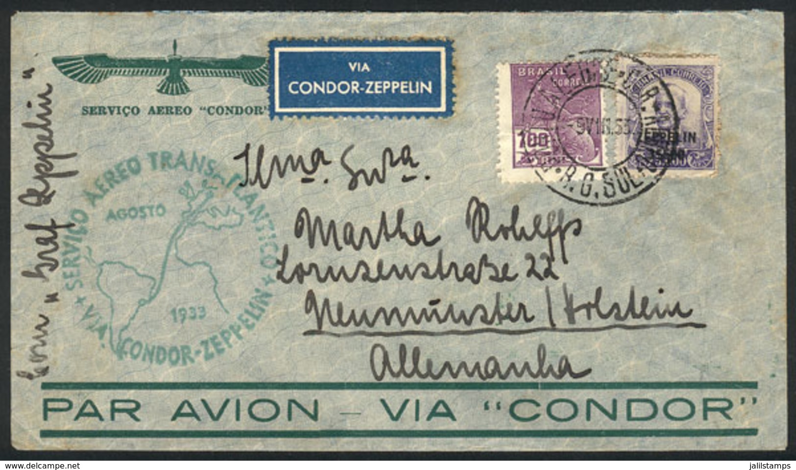 BRAZIL: Cover Flown By ZEPPELIN, Sent From Porto Alegre To Germany On 9/AU/1933, With Special Green Handstamp Of - Otros & Sin Clasificación