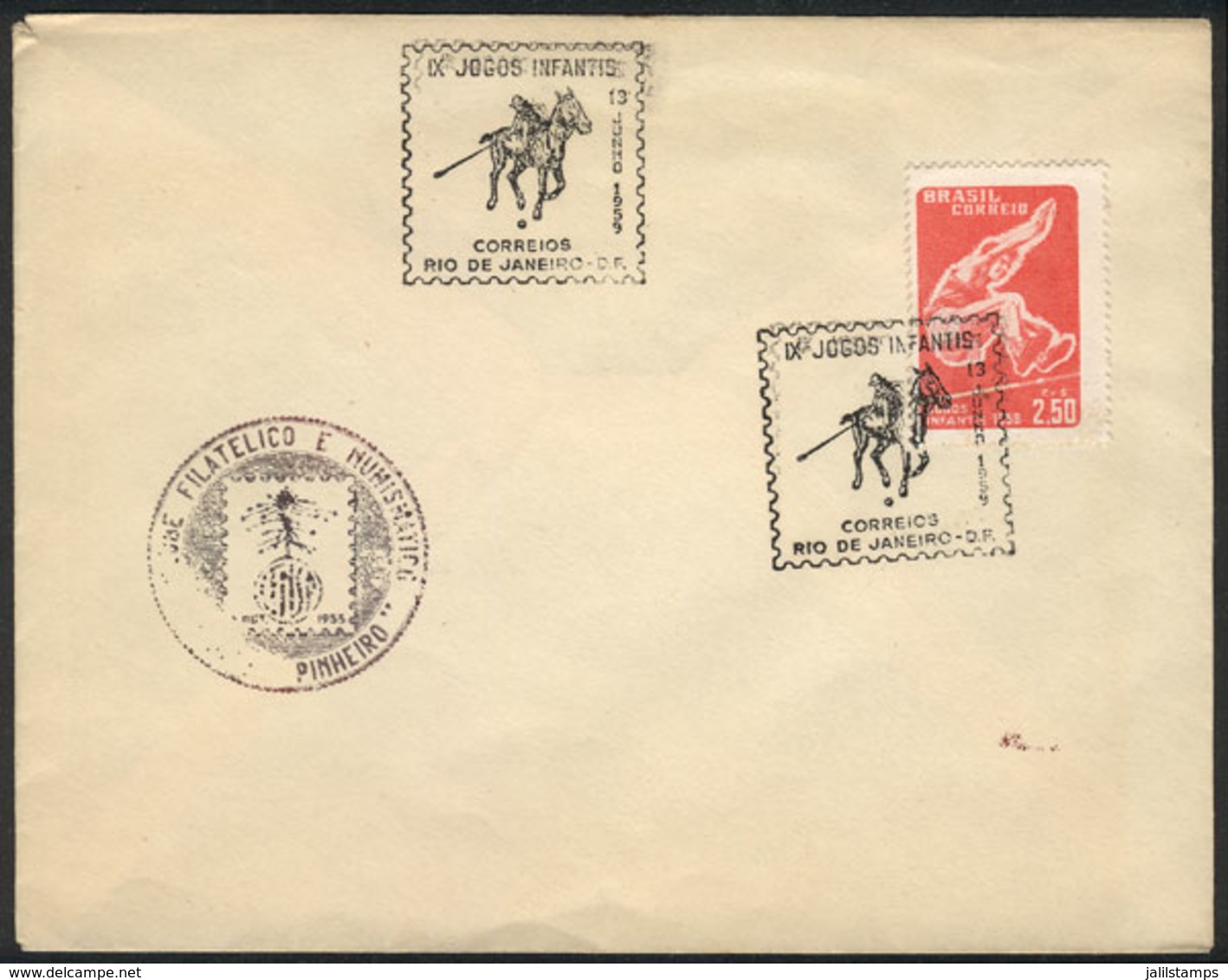 BRAZIL: Cover With Special Postmark Of "First Children's Games" Of 1959, Very Nice Cancel Topic HORSES!" - Otros & Sin Clasificación