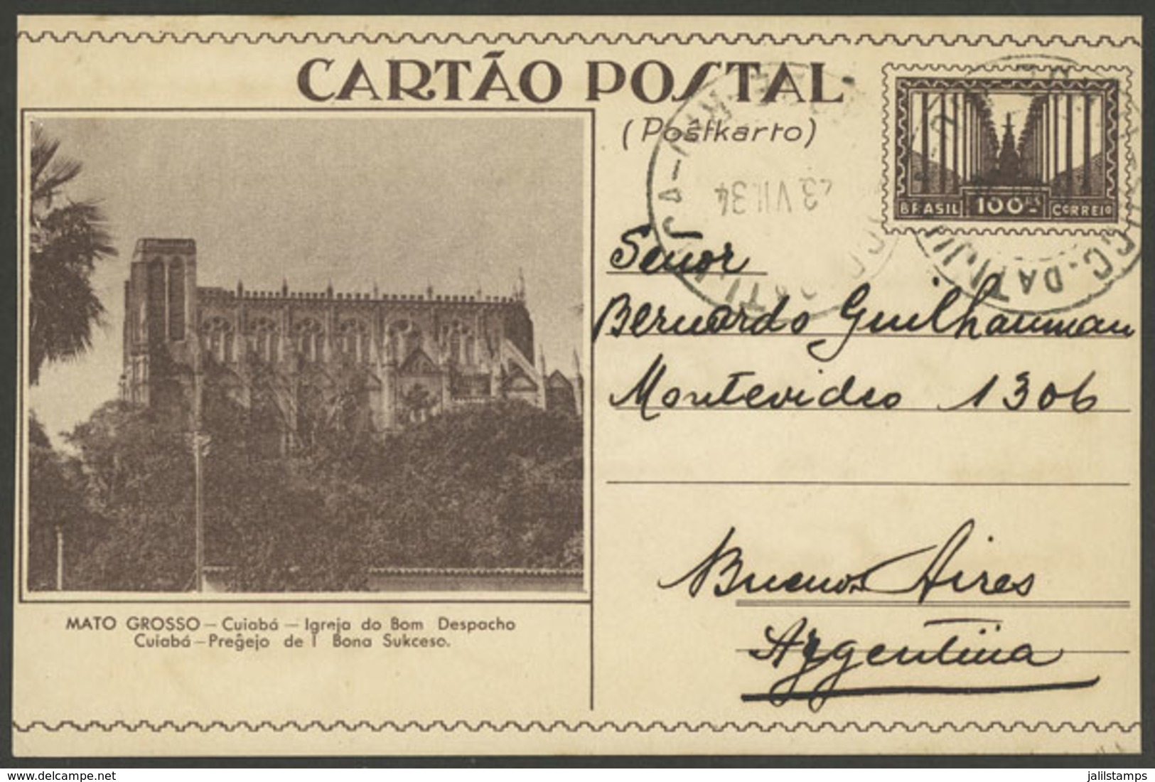 BRAZIL: 100Rs. Postal Card Illustrated With View Of Church Bom Despacho In Cuiabá, Sent From Tijuca (RJ) To Arge - Autres & Non Classés