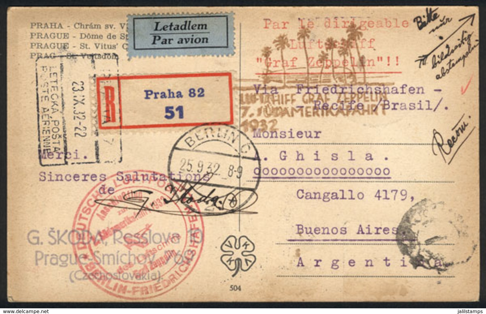 CZECHOSLOVAKIA: ZEPPELIN: PC Sent To Argentina From Praha On 23/SE/32, With Rose Handstamp Of The CONNECTION FLIGHT TO B - Altri & Non Classificati