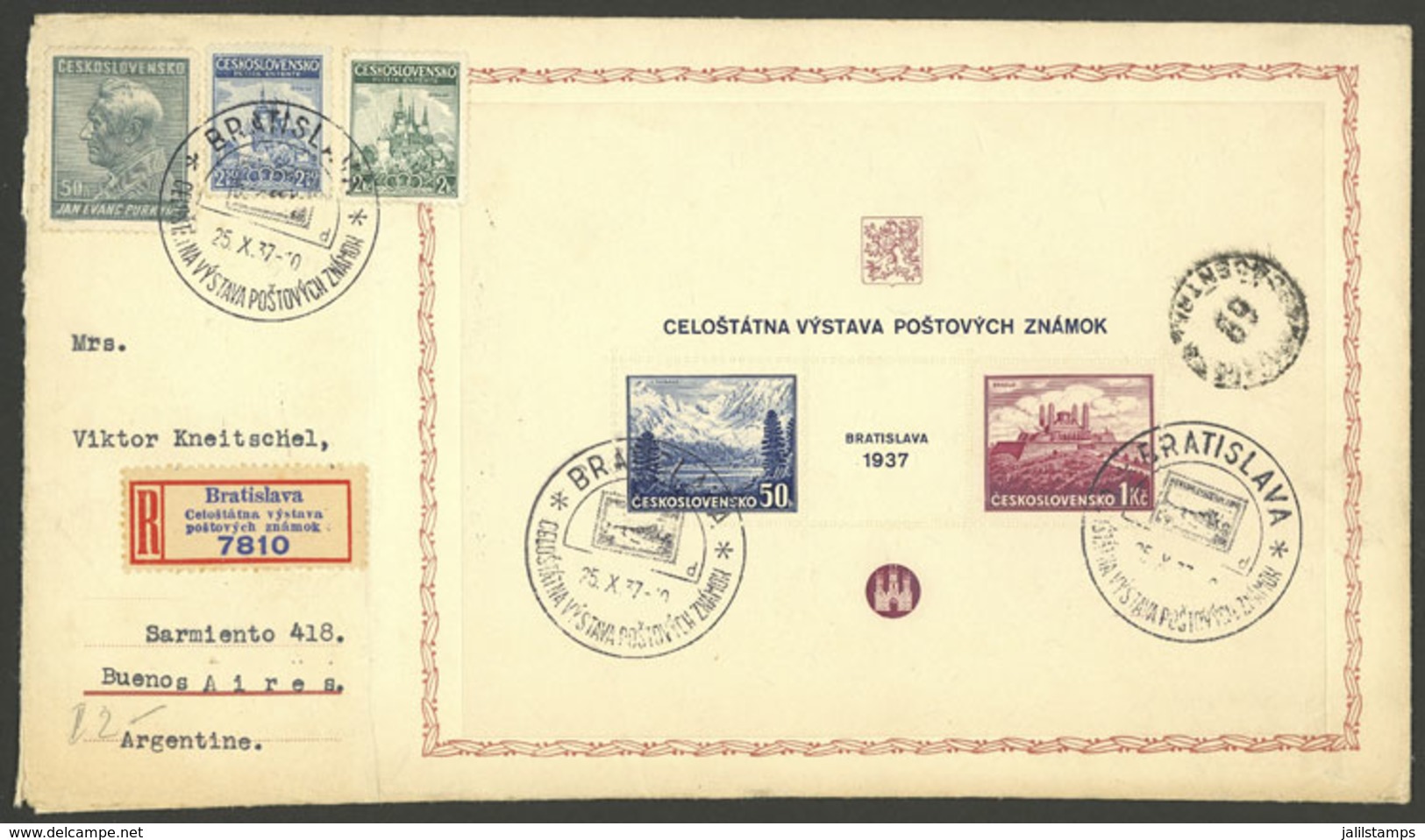 CZECHOSLOVAKIA: Registered Cover Sent From Bratislava To Argentina On 25/OC/1937, Franked With Souvenir Sheet + Postage - Autres & Non Classés