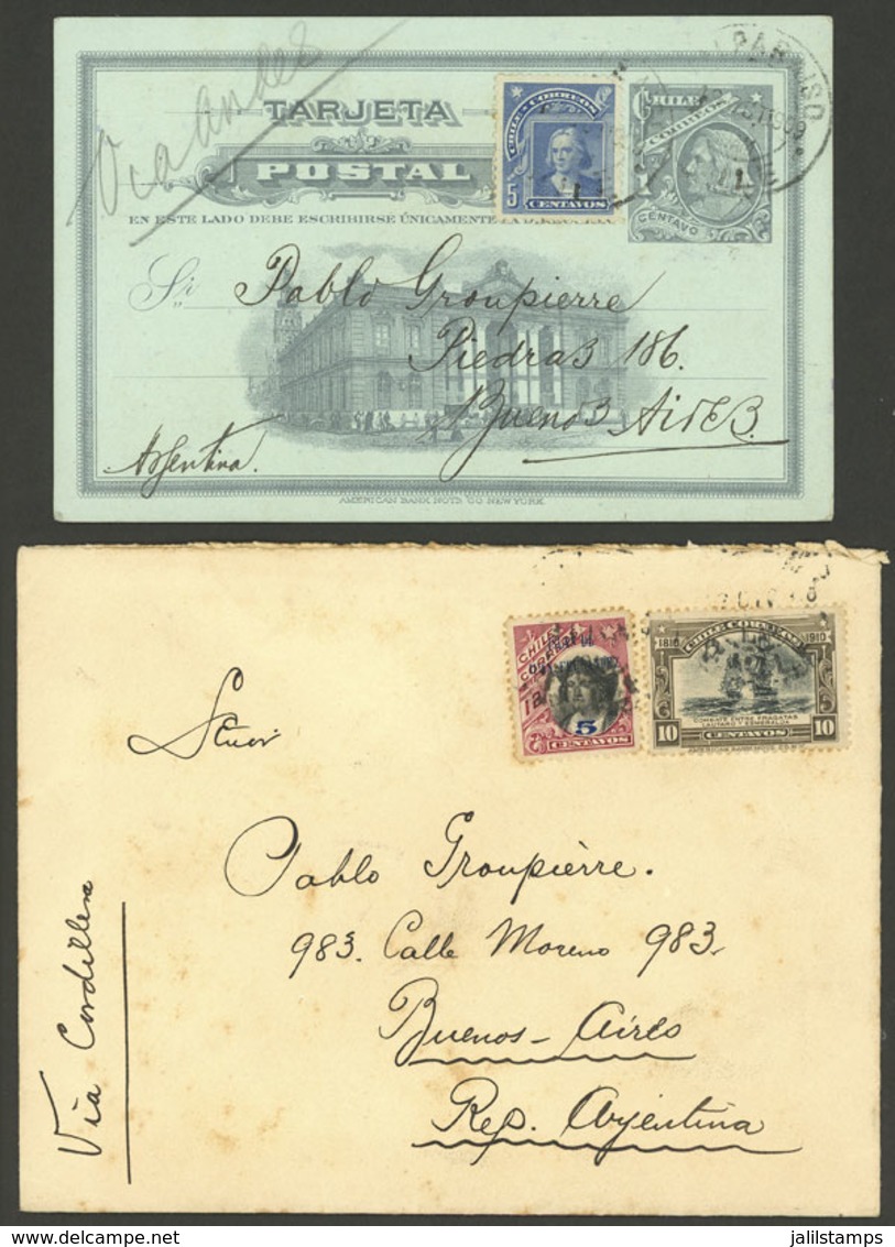 CHILE: 12/DE/1910 Valparaiso - Buenos Aires, Cover With Nice 15c. Franking + Postal Card Mailed In 1909, Fine Q - Cile