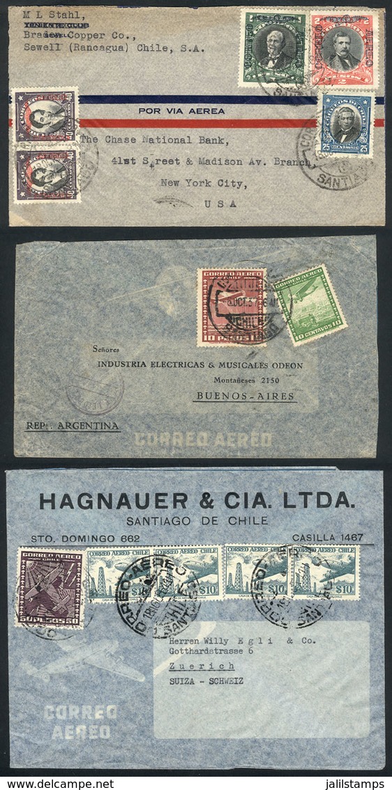 CHILE: 3 Airmail Covers Sent Overseas Between 1937 And 1956, LARGE POSTAGES, Very Fine Quality! - Cile
