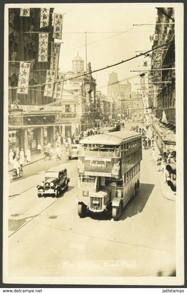 CHINA: NANKING: S'hai Road, With View Of Double-decker Bus With Advertising For "Smoke Federal", Circa 1930, Excelle - China