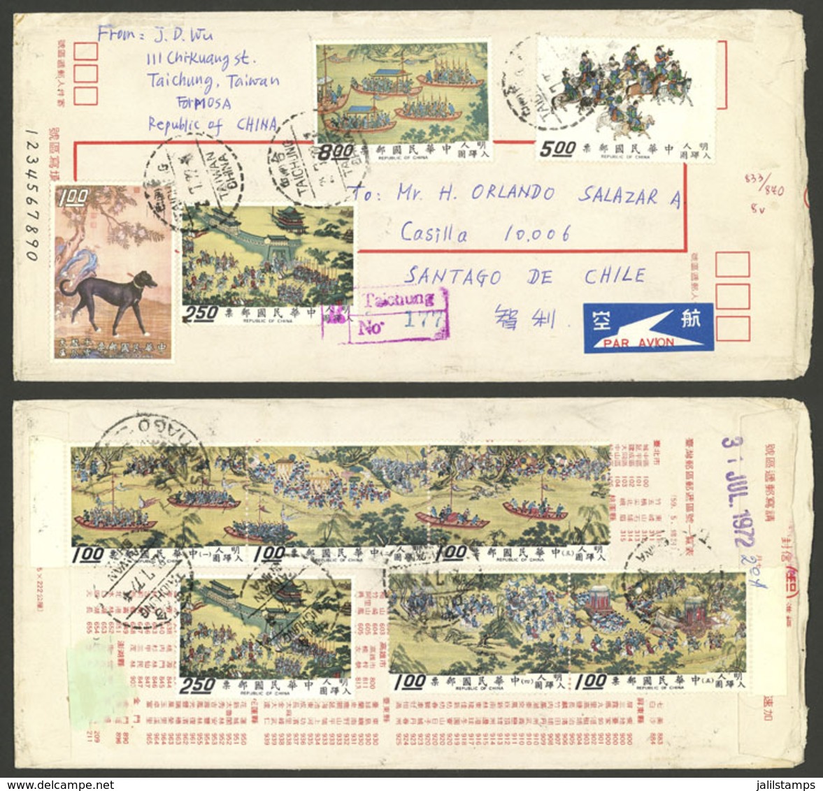 CHINA - TAIWAN: Registered Airmail Cover Sent From Taiching To Chile On 2/JUL/1972 With Fantastic Postage, VF Quality! - Sonstige & Ohne Zuordnung