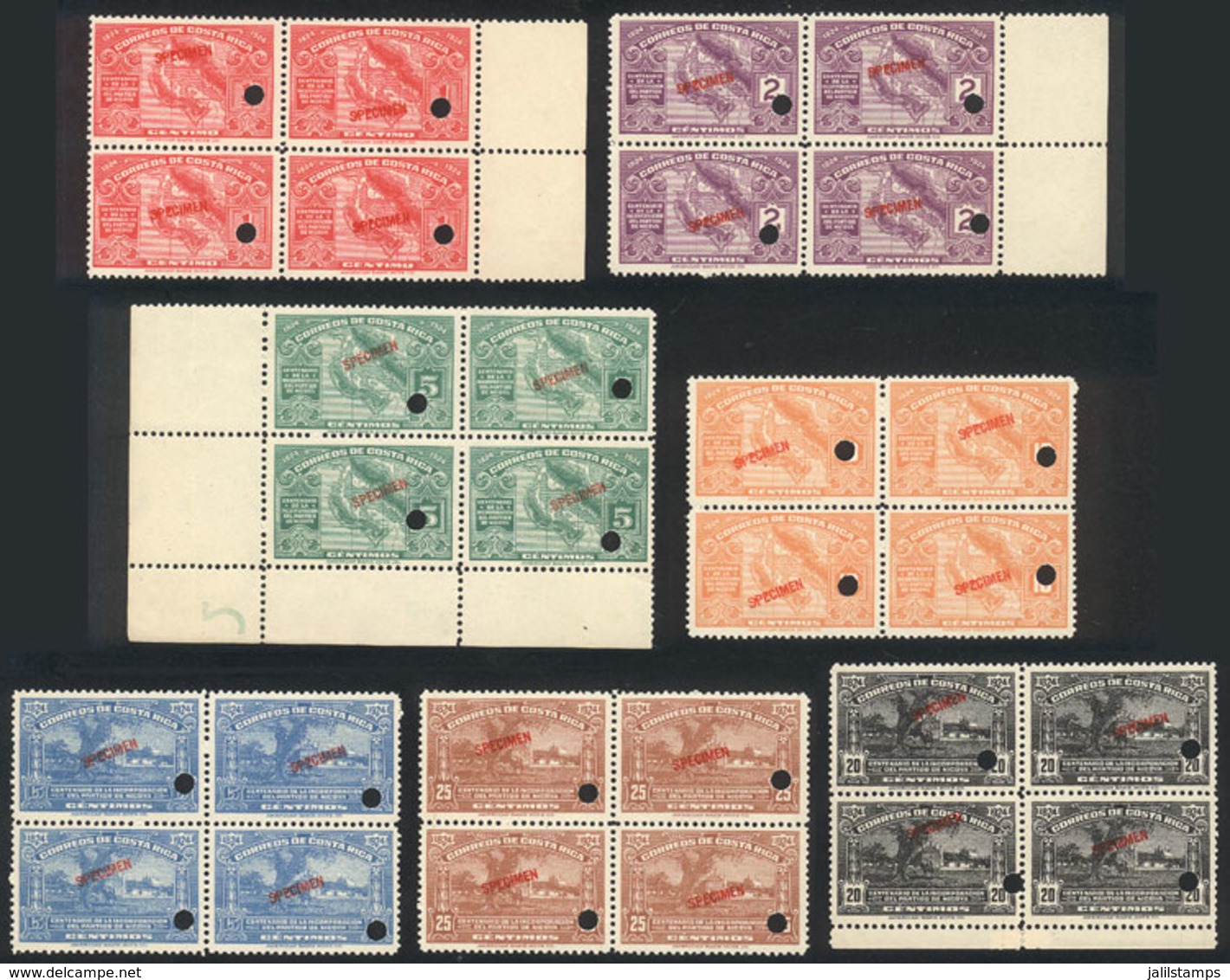 COSTA RICA: Sc.129/135, 1924 Centenary Of Annexation Of Province Of Guanacaste, Set Of 7 Blocks Of 4 With SPECIMEN O - Costa Rica