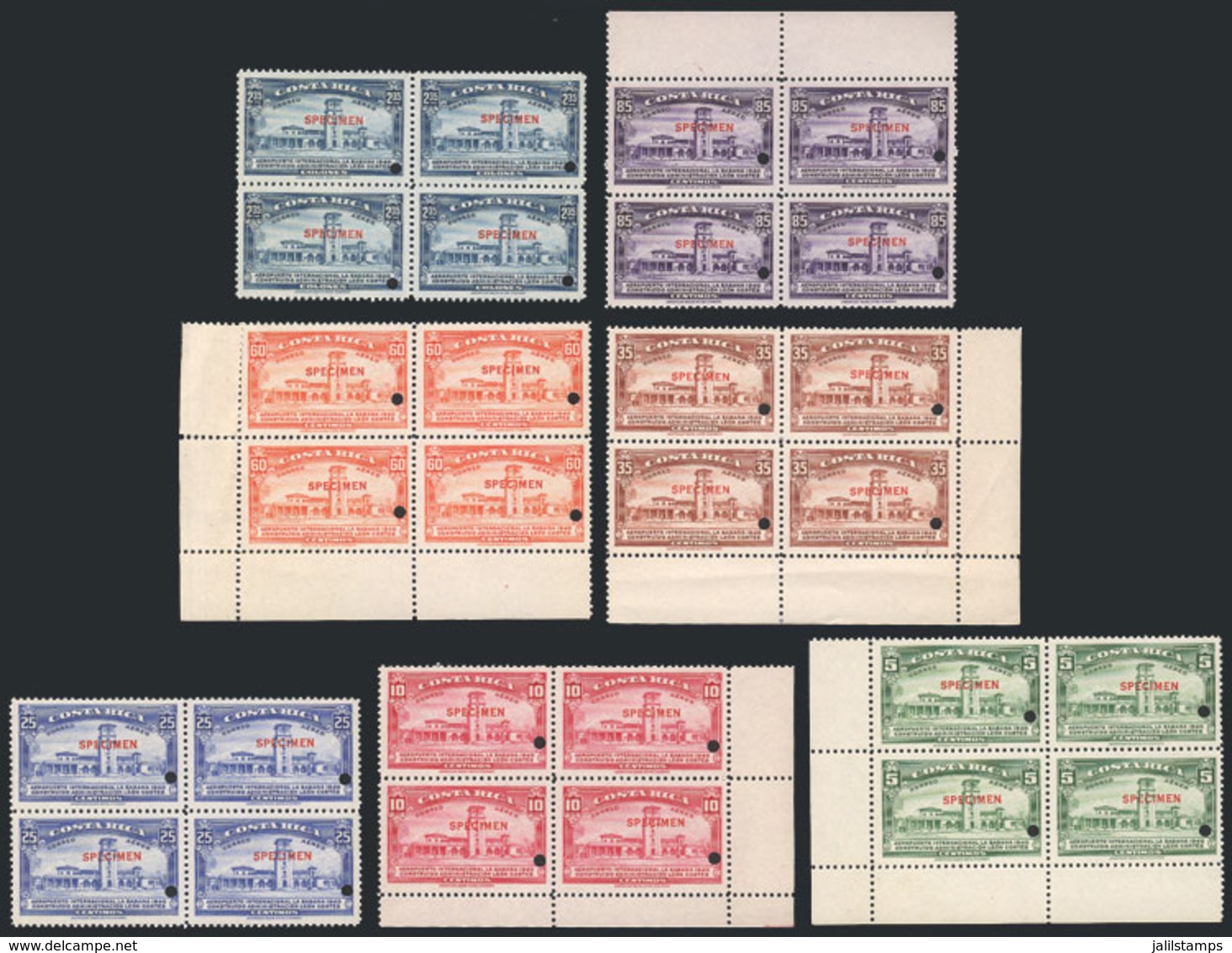 COSTA RICA: Sc.C39/45, 1940 La Sabana Airport, Compl. Set Of 7 Values In BLOCKS OF 4 With SPECIMEN Overprint And Punch - Costa Rica