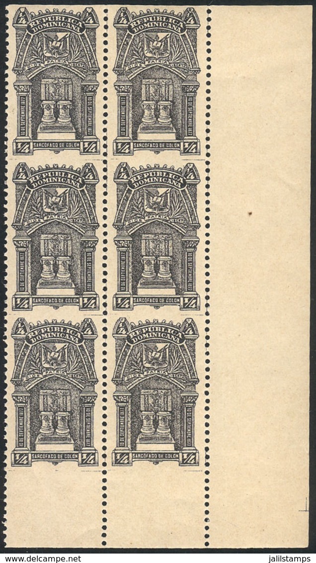 DOMINICAN REPUBLIC: Sc.109, 1900 Sarcophagus Of Columbus ¼c. Black, Block Of 6 IMPERFORATE HORIZONTALLY, Sheet - Repubblica Domenicana