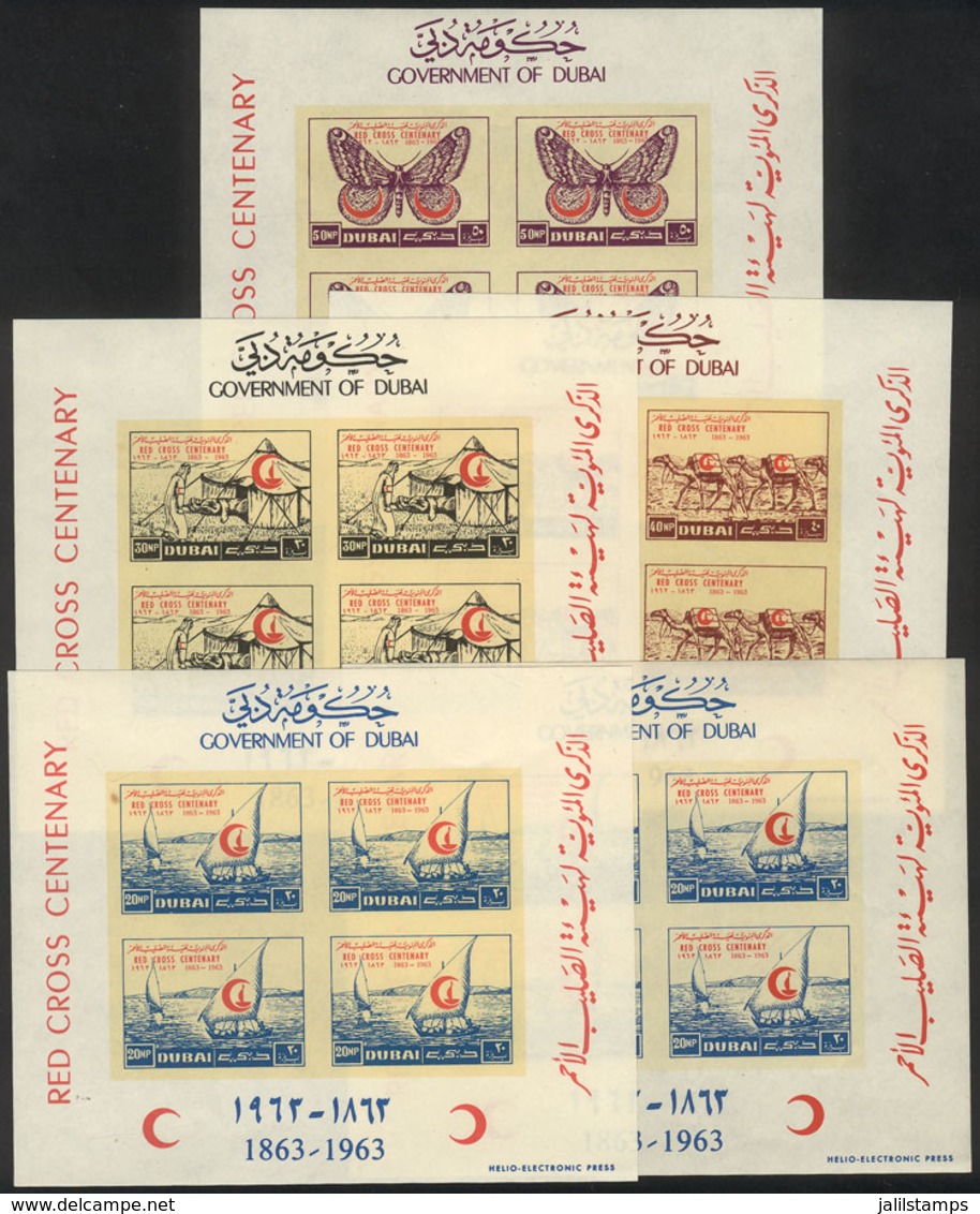 DUBAI: Year 1963, Red Cross International, Set Of 4 Imperforate Sheets, And One Sheet Of 20np. With Color Vari - Dubai