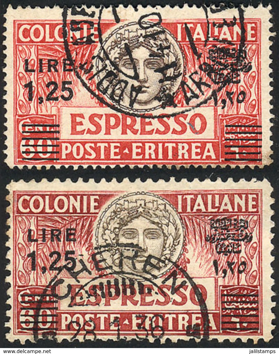 ERITREA: Sc.E8b + E8c, 1927/35 1.25L. On 60c., BLACK Surcharges, Perforation 11 And 14, Used, VF Quality, Very Rare - Erythrée