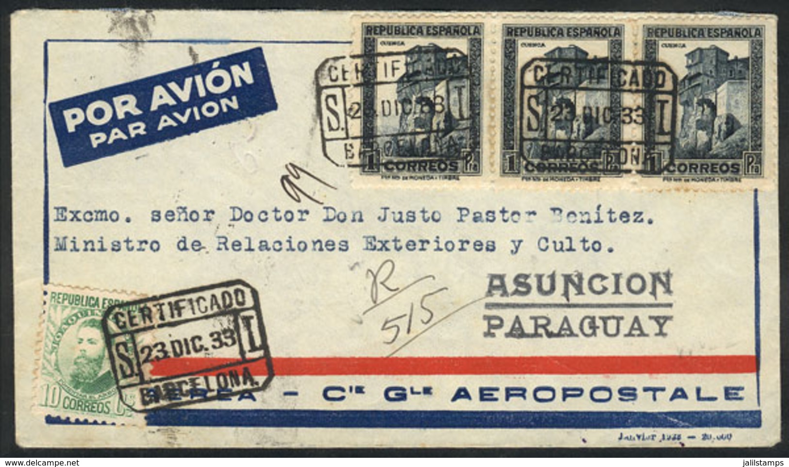 SPAIN: 23/DE/1933 Barcelona - PARAGUAY: Registered Airmail Cover With Postage Of 3.10Ptas., On Back Arrival Mar - Autres & Non Classés