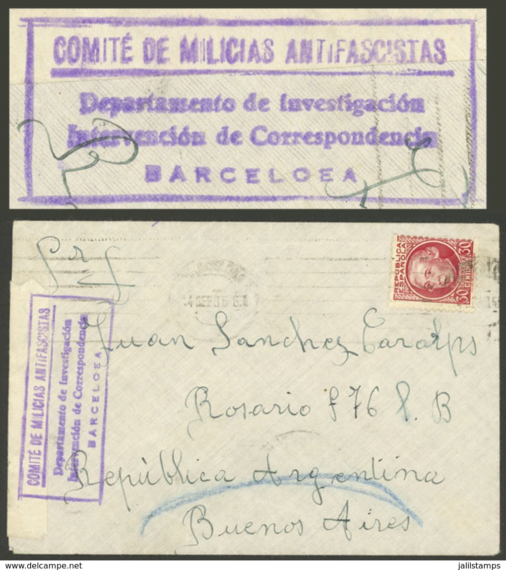 SPAIN: Cover Franked With 30c. And Sent To Argentina On 14/SE/1936, With Violet Censor Mark: COMITÉ DE MILICIAS - Sonstige & Ohne Zuordnung