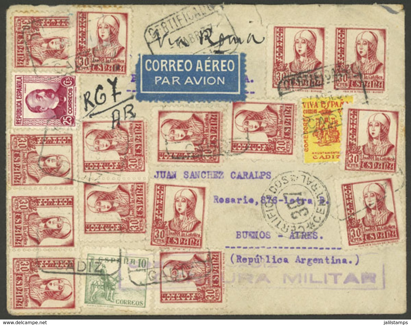 SPAIN: 7/AP/1937 Cadiz - Buenos Aires, Registered Airmail Cover With Spectacular Postage, Military Censor Mark, - Autres & Non Classés