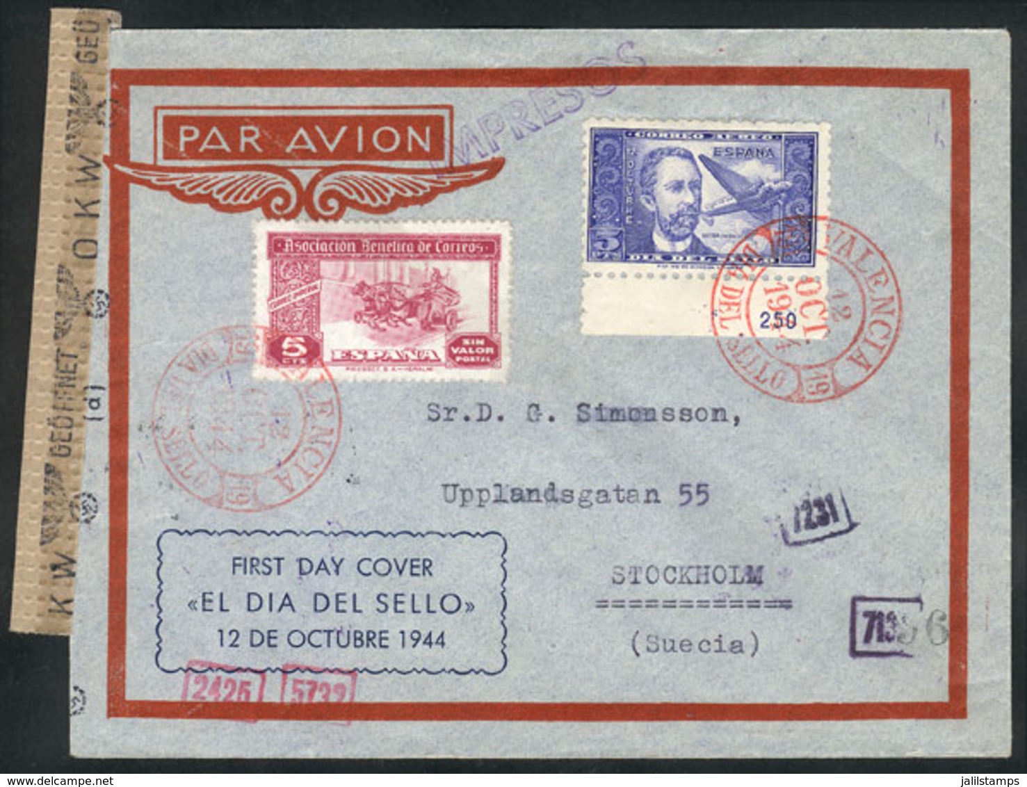 SPAIN: Airmail Cover Sent From Valencia To Sweden On 12/OC/1944, Franked By Yvert Airmail 227 With First Day Po - Altri & Non Classificati