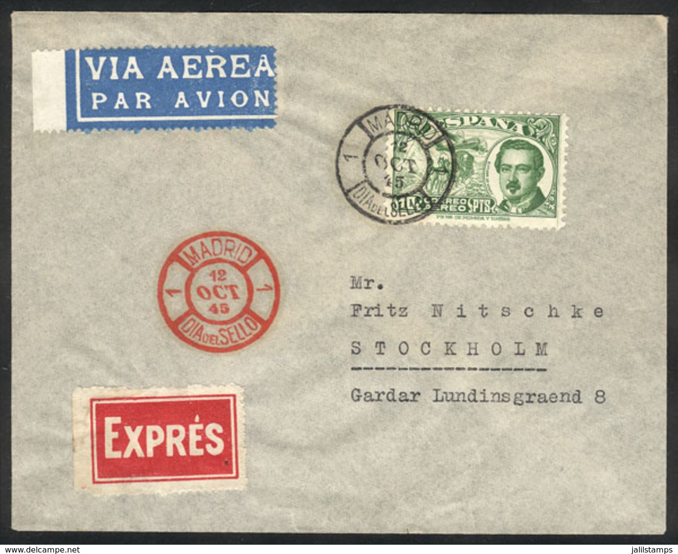 SPAIN: FDC Cover Of 12/OC/1945 (Stamp Day) Sent By Airmail To Sweden, Excellent Quality! - Sonstige & Ohne Zuordnung