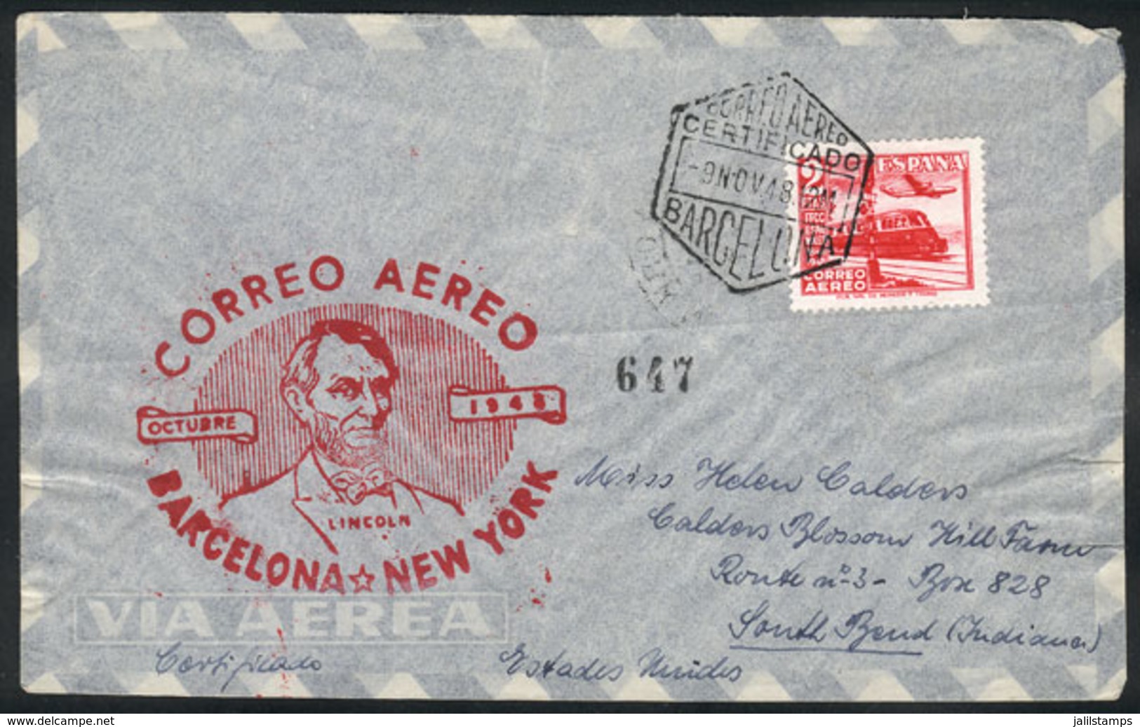 SPAIN: 9/NO/1948 Barcelona - New York: Special Flight Cover, On Back It Bears 2 Arrival Marks, Very Fine Qualit - Otros & Sin Clasificación