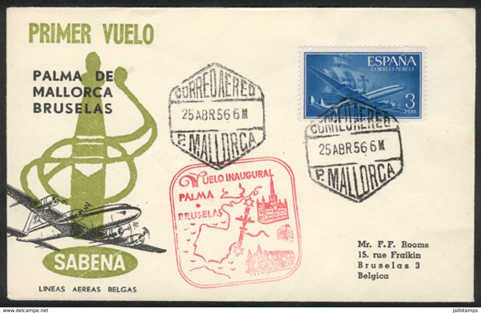 SPAIN: 25/AP/1956 First Flight Madrid - Brussels, Cover Of VF Quality With Special Marks And Arrival! - Other & Unclassified
