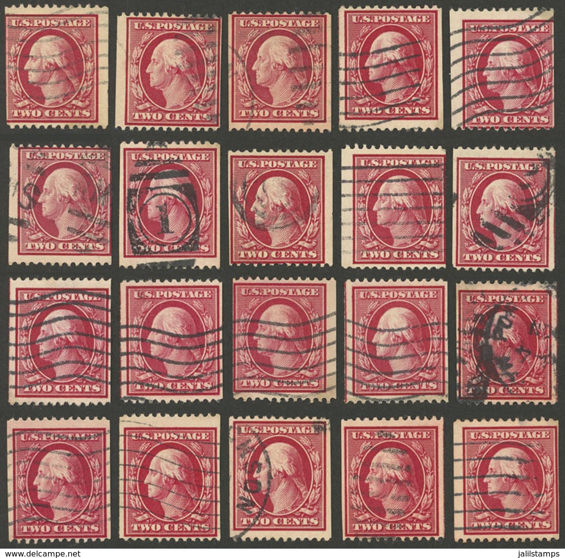 UNITED STATES: Sc.349, 1908/10 2c. Coil Stamps With Horizontal Perf 12, 20 Used Examples, Fine To Very Fine General Qua - Other & Unclassified