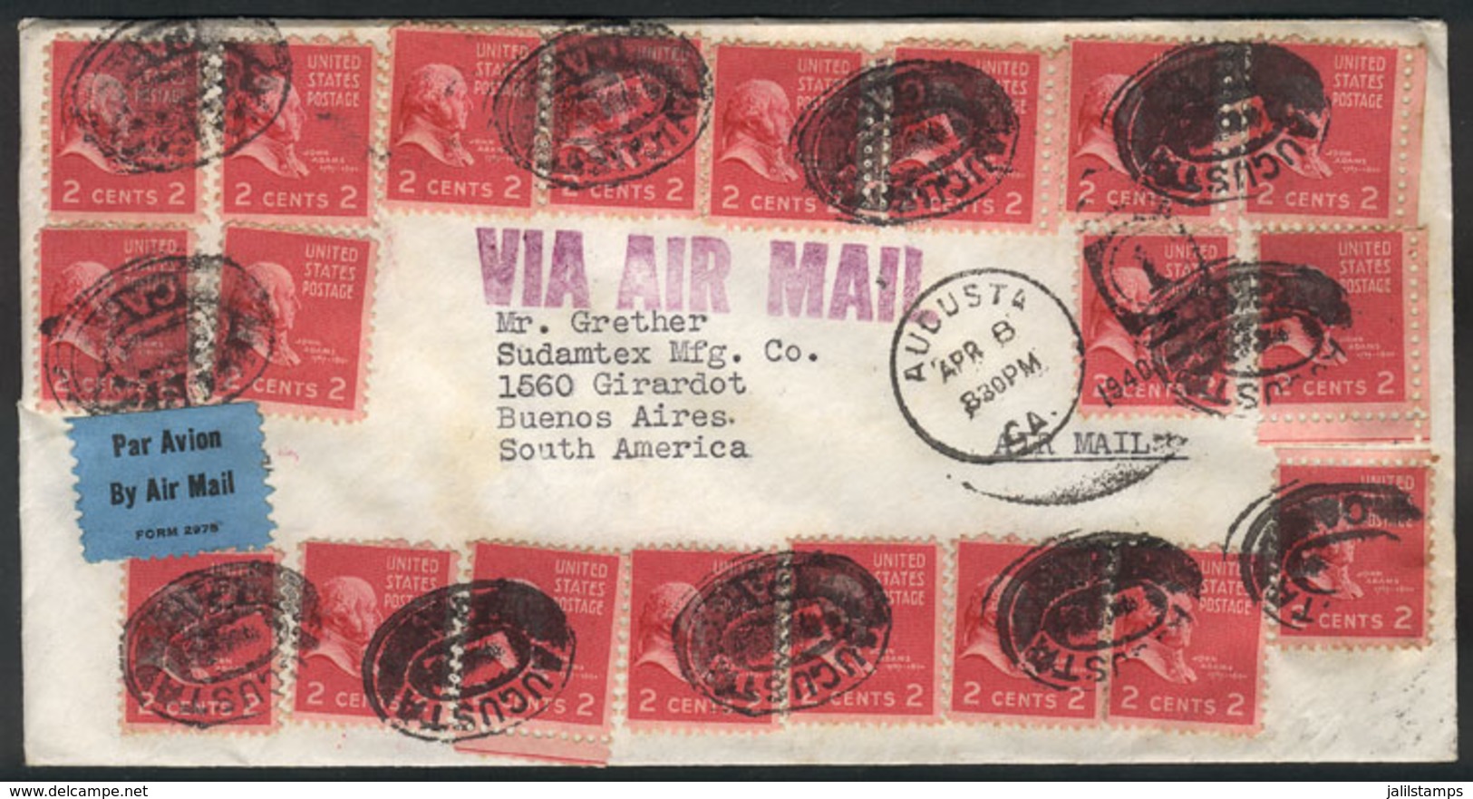 UNITED STATES: Airmail Cover Sent From Augusta To Argentina On 8/AP/1940, Spectacular Postage Of 20 Stamps Of 2c. (tota - Postal History