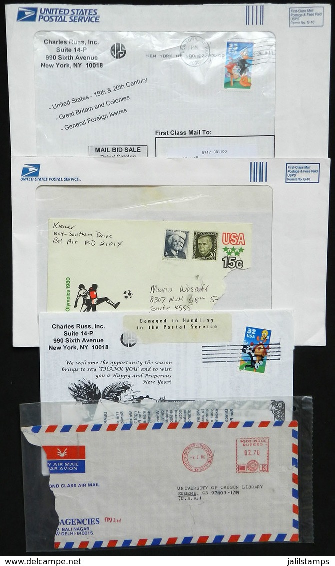 UNITED STATES: DAMAGED MAIL: 4 Covers, Etc. Used In USA (3) And 1 From India, All Damaged During Postal Handling, And D - Marcophilie