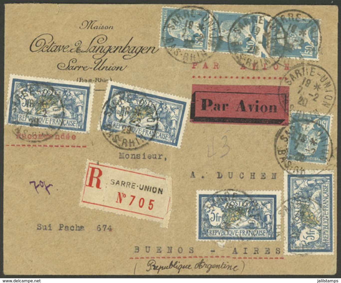 FRANCE: 7/FE/1929 Sarre-Union - Buenos Aires, Registered Airmail Cover Franked With 26Fr., Arrival Backstamp Of - Altri & Non Classificati