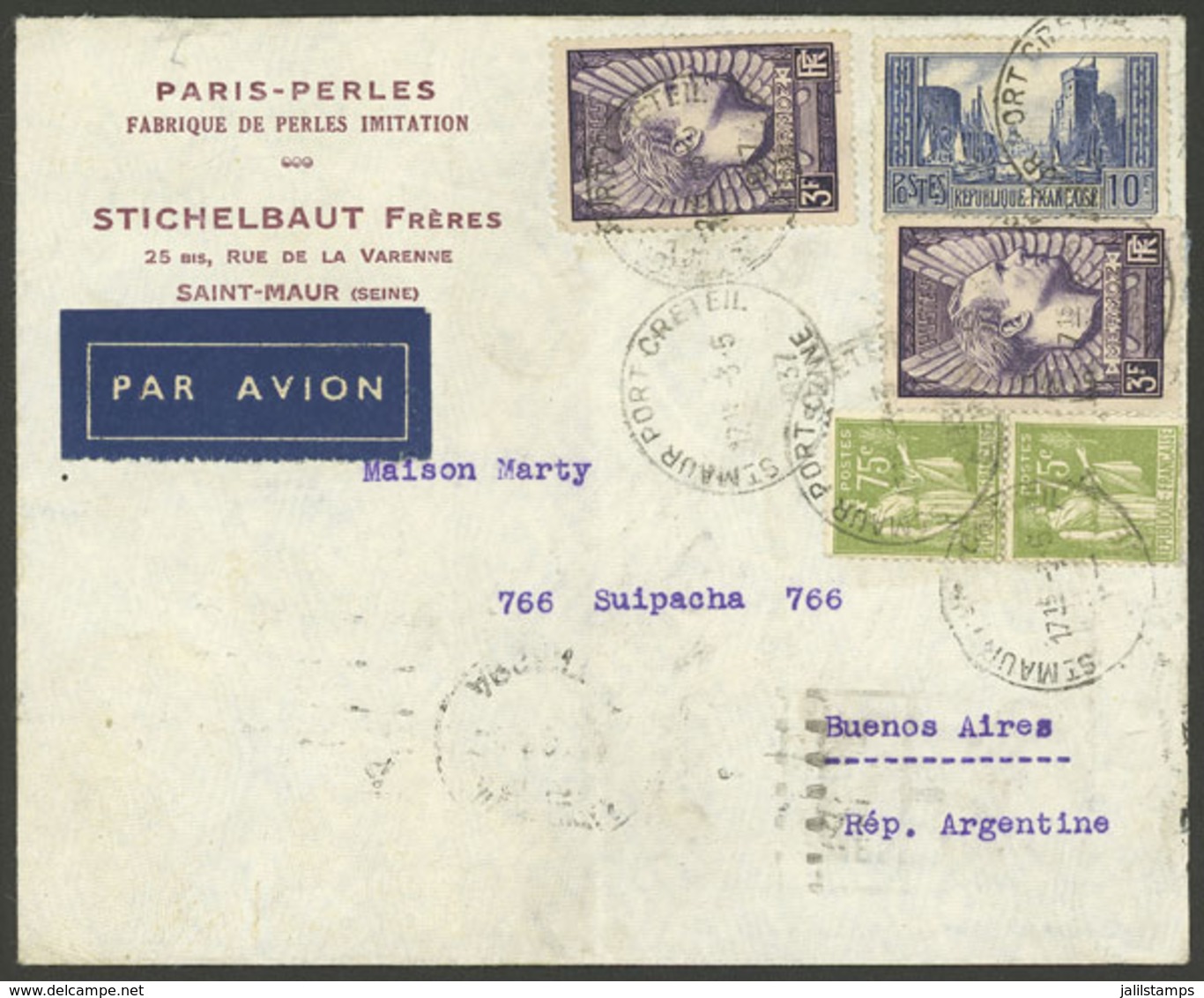 FRANCE: 3/MAY/1937 Saint-Maur - Buenos Aires, Airmail Cover With Nice 17.50Fr. Franking, Minor Faults, Very Attr - Sonstige & Ohne Zuordnung
