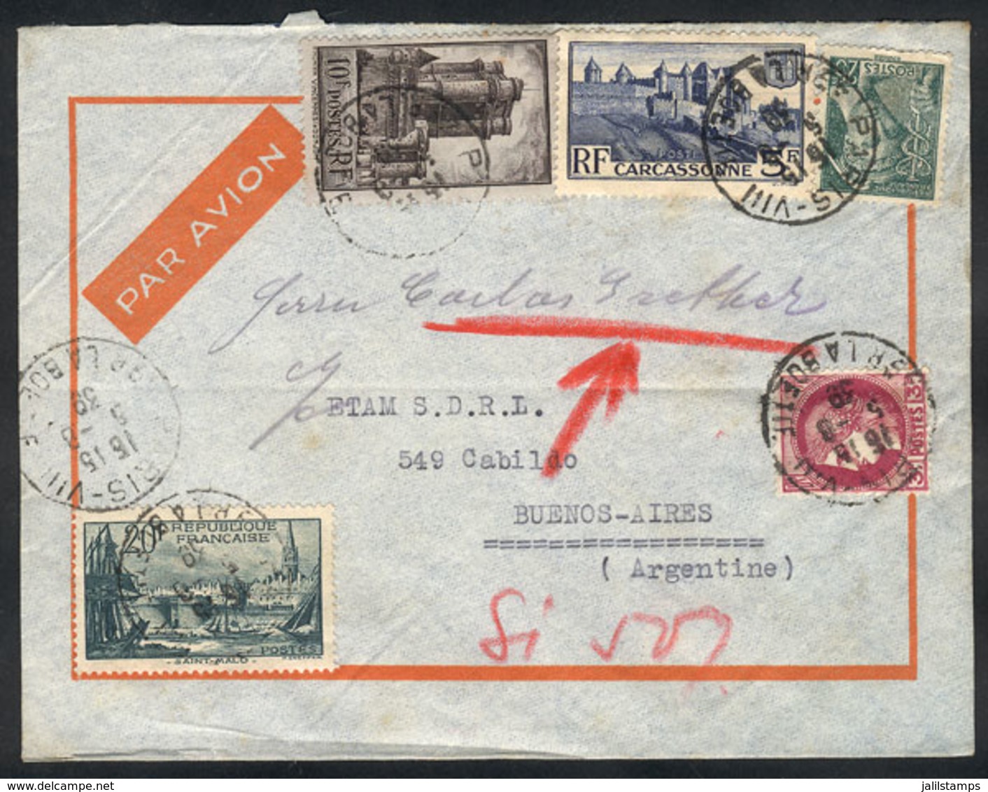 FRANCE: Airmail Cover Sent From Paris To Argentina On 5/AU/1939 With Nice Postage Of 38.25Fr., On Back Arrival M - Otros & Sin Clasificación