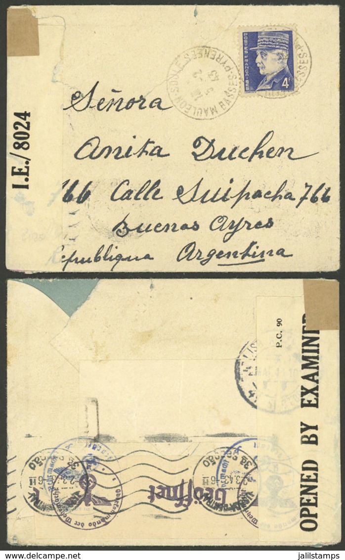 FRANCE: 5/FE/1943 Mauleon-Soule - Buenos Aires, Cover Franked With 4Fr. And Double Nazi + Allied Censor Label, M - Altri & Non Classificati