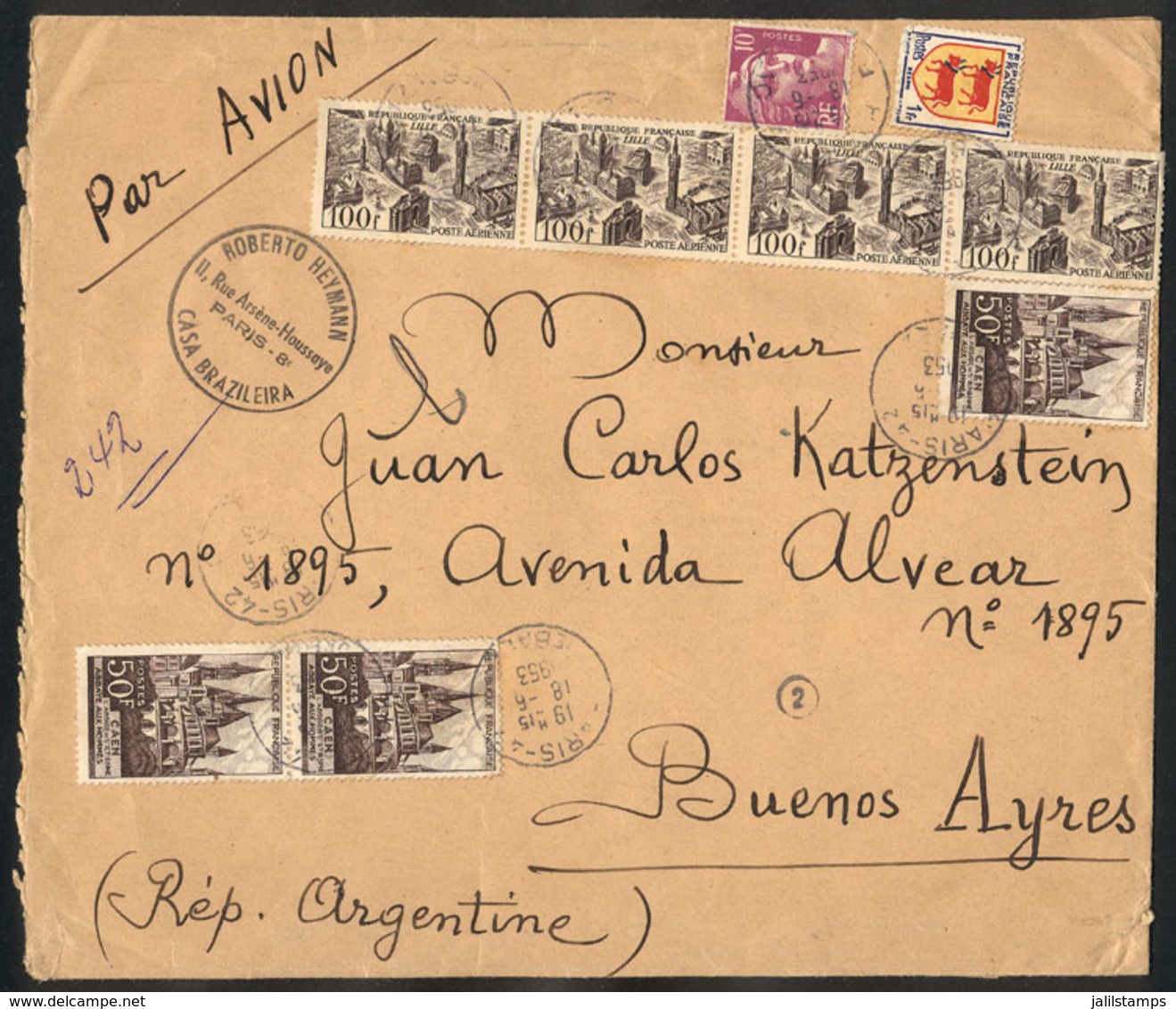 FRANCE: Airmail Cover Sent From Paris To Buenos Aires On 18/JUL/1952 With Spectacular Postage Of 561Fr., VF Qual - Other & Unclassified