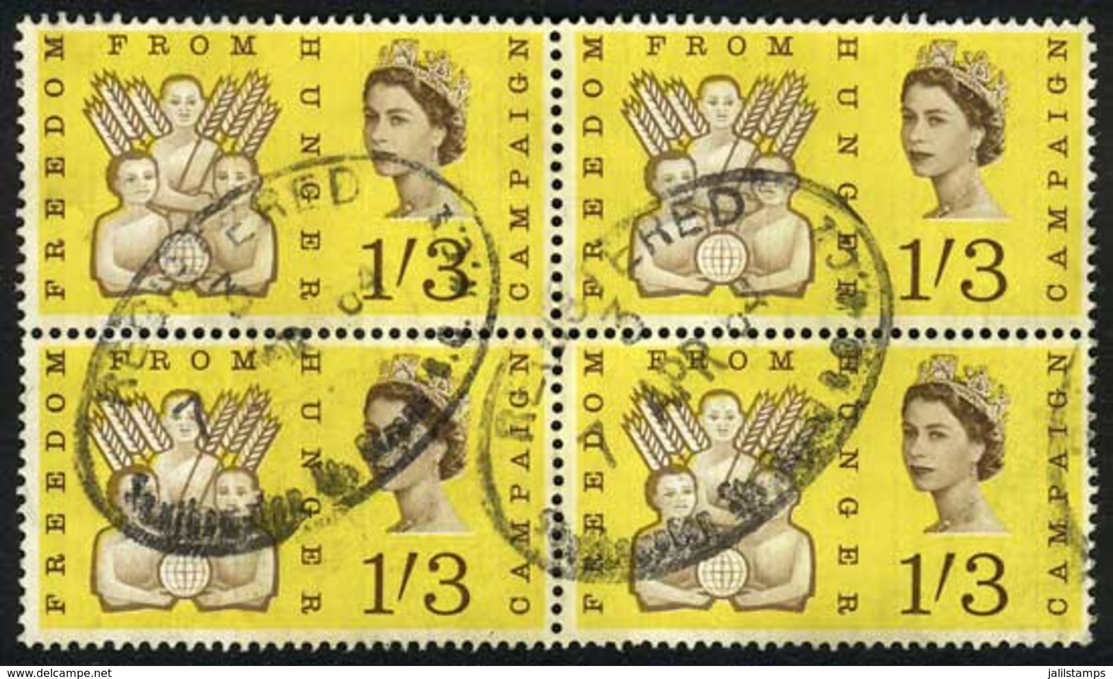 GREAT BRITAIN: Sc.391p, 1963 Fight Against Hunger 1S.3p. WITH PHOSPHORESCENT BANDS, Used BLOCK OF 4, Excellent Quality, - Altri & Non Classificati