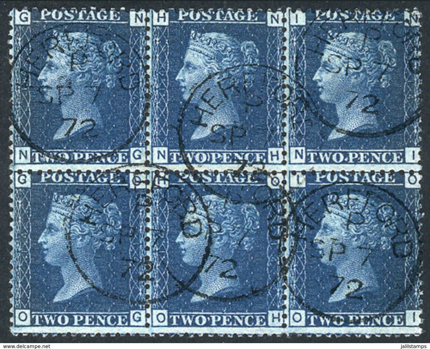 GREAT BRITAIN: Sc.30 Plate 14 (SG.47), 1871 2p. Blue, Spectacular Block Of 6 Used In Hereford, Letters NG-OI, Very Attr - Andere & Zonder Classificatie