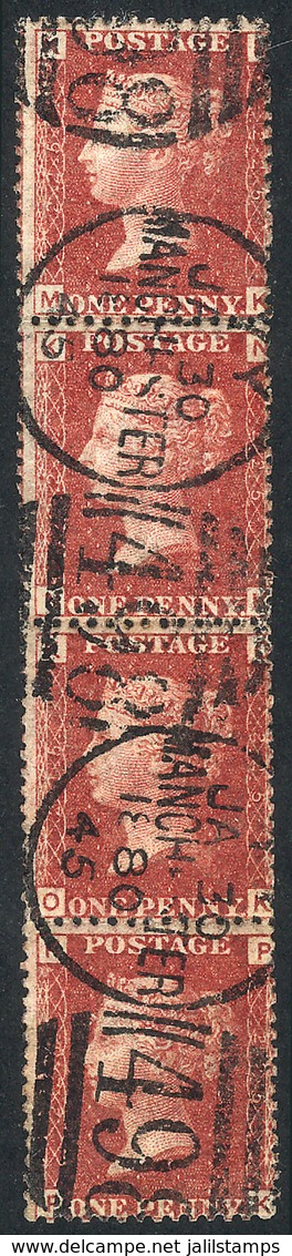 GREAT BRITAIN: Sc.33 (SG.43), 1p. Red-rose PLATE 225, Fantastic VERTICAL STRIP OF 4, With "Manchester 498" Cancels Of 3 - Altri & Non Classificati