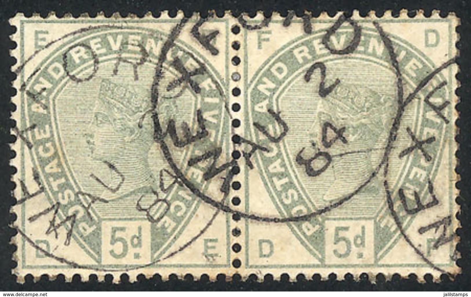 GREAT BRITAIN: Sc.104, 1883 5p. Green, Handsome Pair Used In Wexford, VF Quality! - Sonstige & Ohne Zuordnung