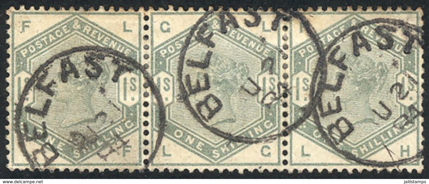 GREAT BRITAIN: Sc.107, 1883 1sh. Green, Strip Of 3 Used In Belfast, VF Quality! - Sonstige & Ohne Zuordnung