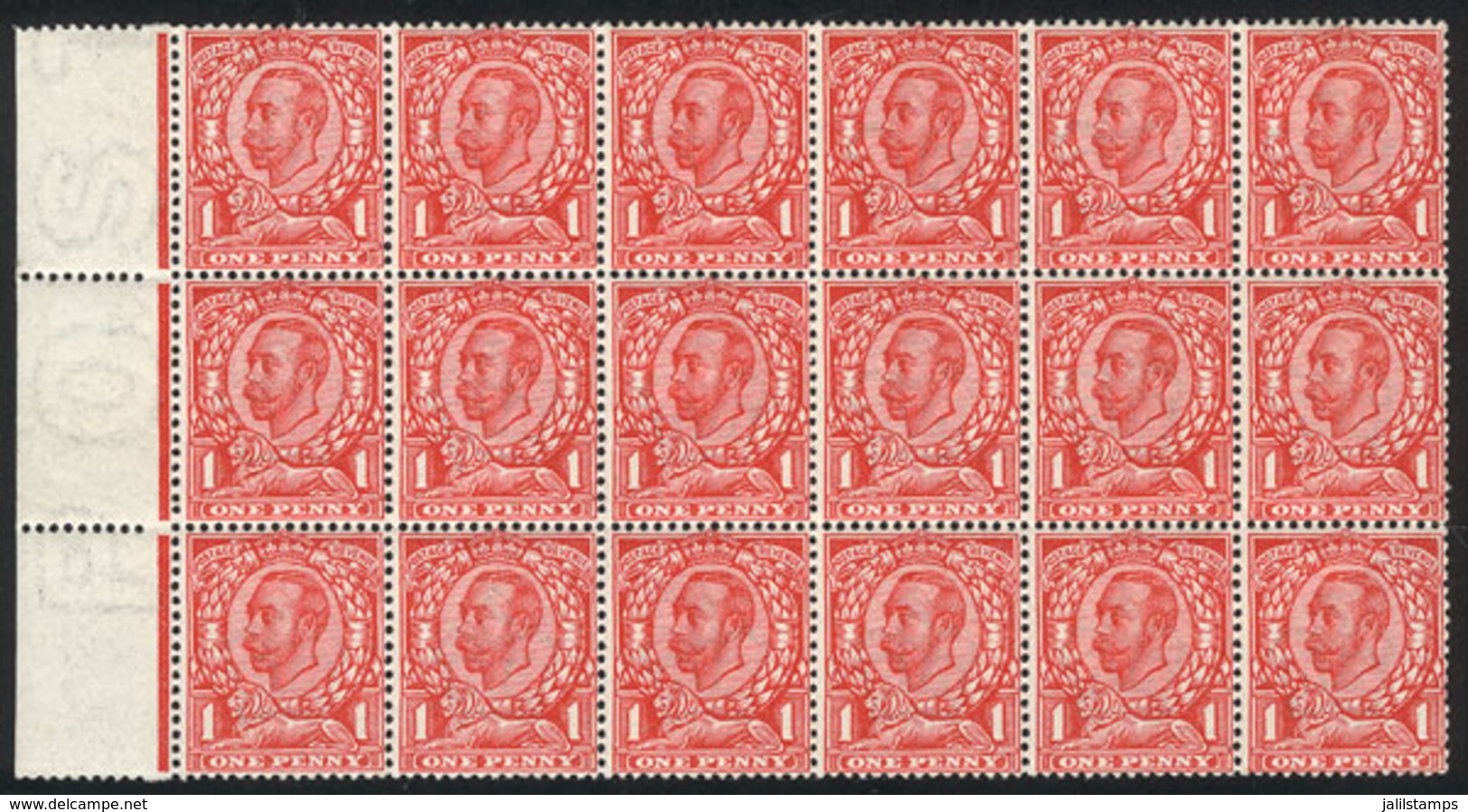 GREAT BRITAIN: Sc.154a, 1912 1p. Scarlet, MNH Block Of 18, Excellent Quality - Other & Unclassified