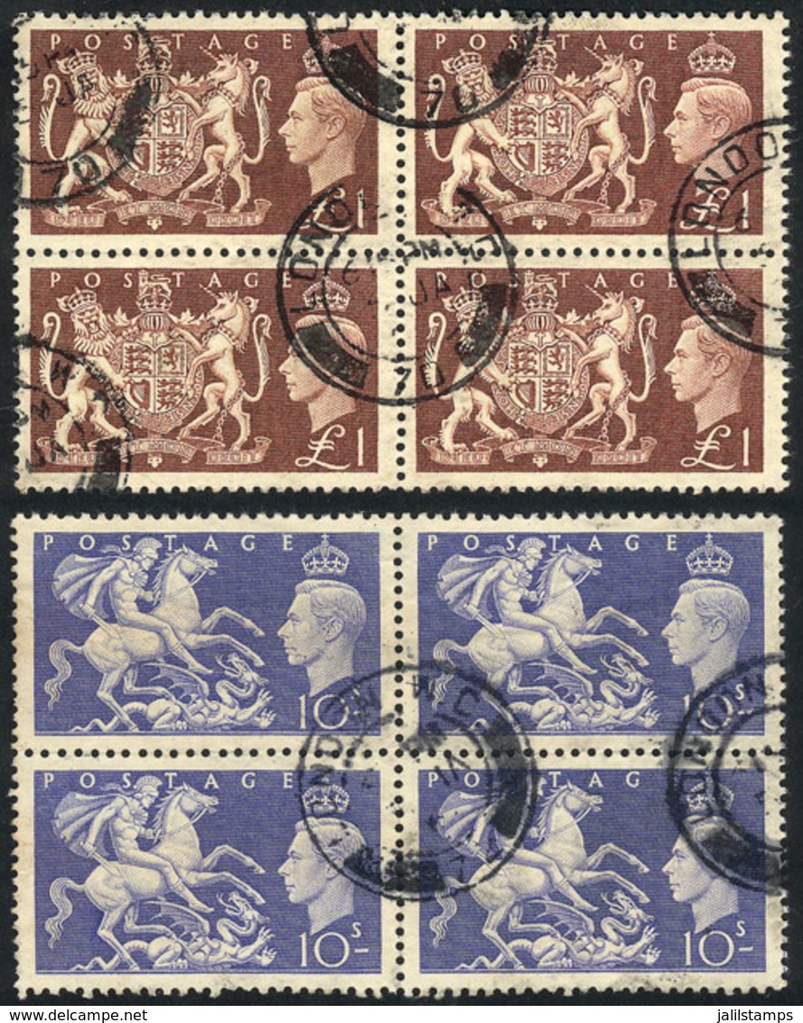 GREAT BRITAIN: Sc.288/289, 1951 10sh. And 1£., High Values Of The Set In Used Blocks Of 4, VF! - Other & Unclassified