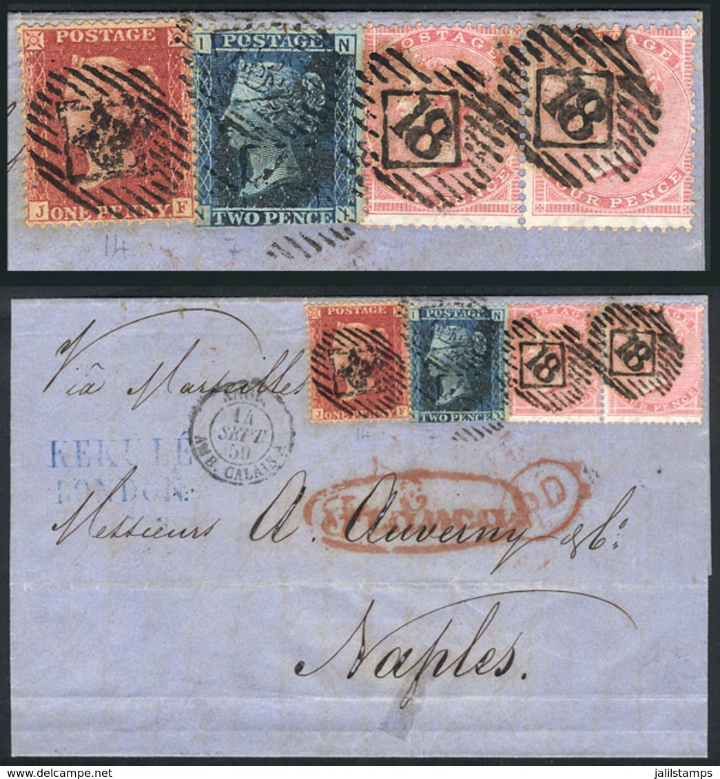 GREAT BRITAIN: 13/SE/1859 London - Napoli (Italy): Folded Cover With Multicolor Postage Of 11p. (Sc.20 + 26 Pair + 29 P - Other & Unclassified