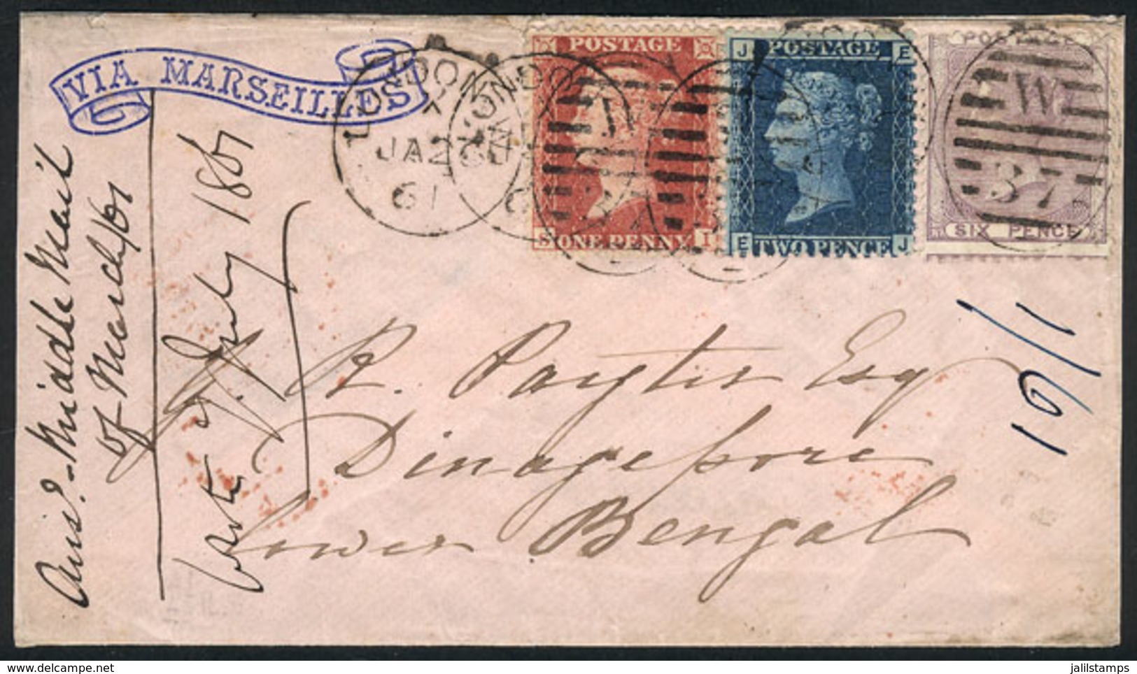 GREAT BRITAIN: 26/JA/1861 London - India: Cover Franked By SG.40 + 45 + 70 With Duplex Cancels "London W37", Sent "via - Sonstige & Ohne Zuordnung