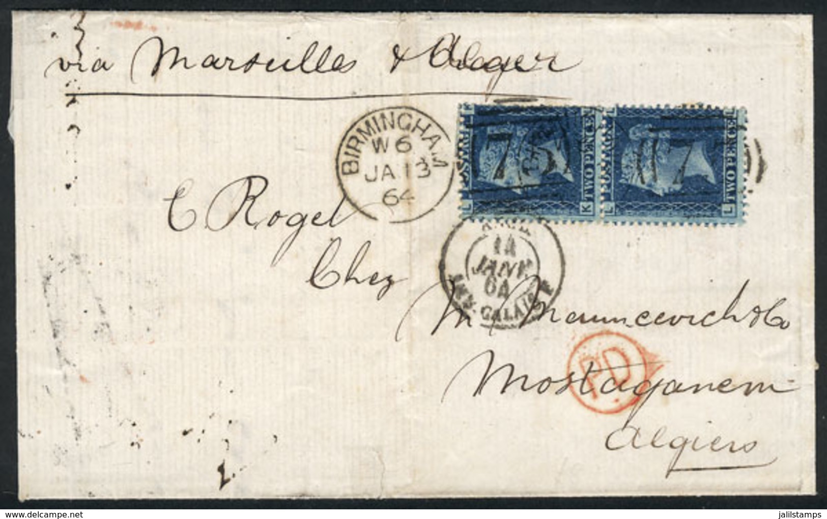 GREAT BRITAIN: 13/JA/1864 Birmingham - Mostaganem (Algeria): Cover Franked With Vertical Pair SG.45 (2p. Blue Plate 9), - Autres & Non Classés