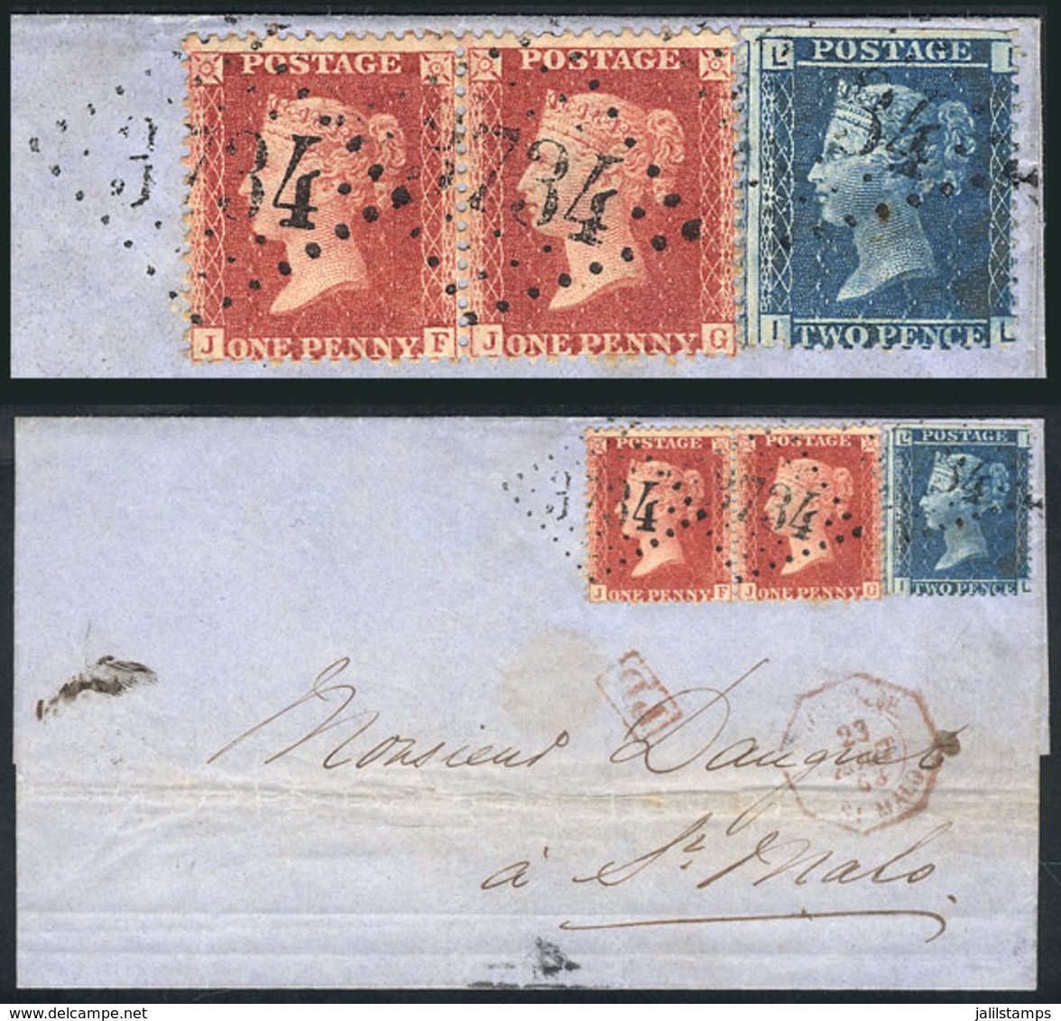 GREAT BRITAIN: 22/OC/1865 JERSEY - St. Malo: Folded Cover Franked With Pair SG.40 + 45 (total Postage 4p.), With Neat D - Other & Unclassified